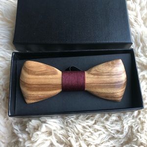 Wooden bow tie dark red material adjustable nib